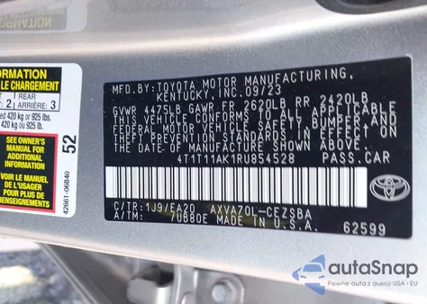 2024 Toyota Camry Se z USA, uszkodzony, nr VIN 4T1T11AK1RU854528